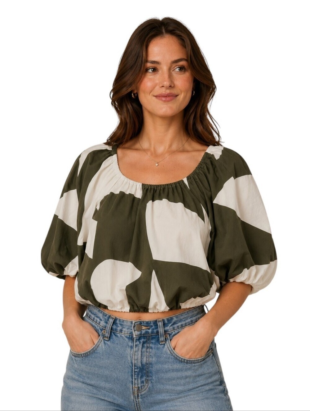 Staple the Label Abstract Print Puff Sleeve Crop Top Green Cream Womens Large